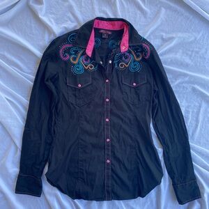 Rock & Roll Cowgirl Black Shirt with Pink and Blue Embroidery